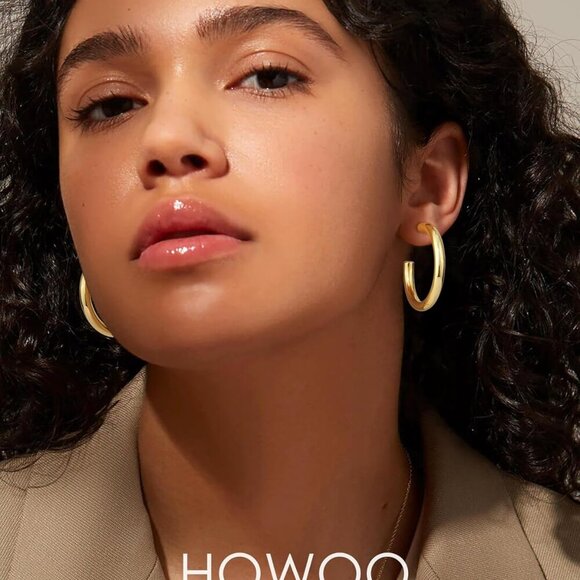 Gold Hoop Earrings for Women Chunky 14K Gold Plated Lightweight Jewelry Gift - Picture 2 of 6